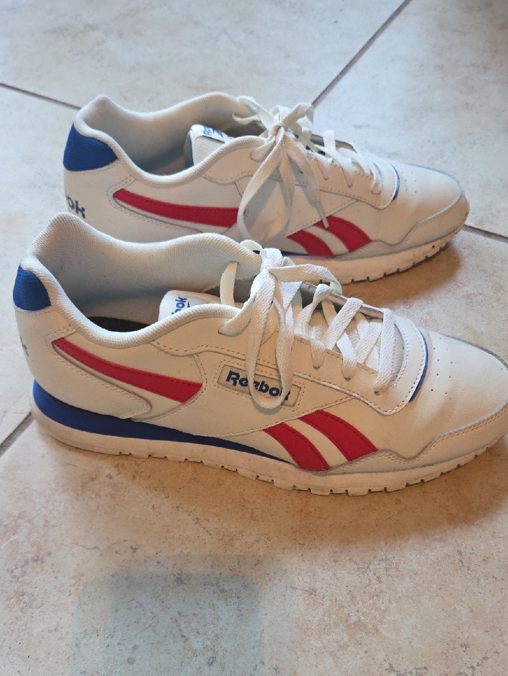 Reebok White Sneakers with Red Stripes & Blue Heel Accents